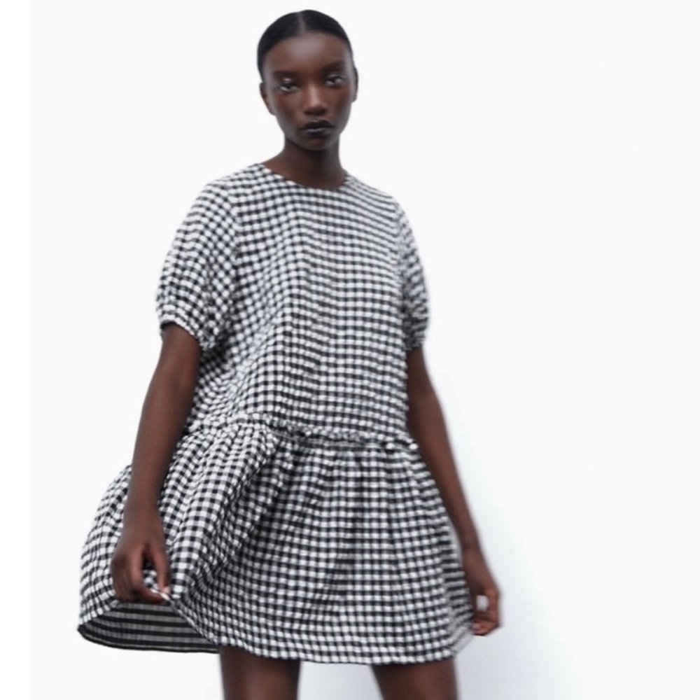 Zara Gingham Puff Sleeve Mini Dress Black White Size Xl